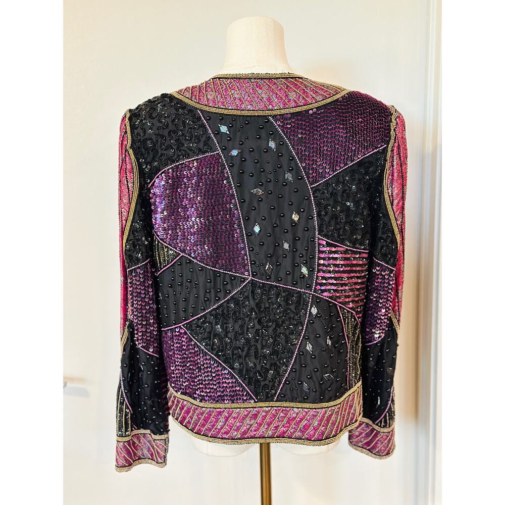 Vintage 80s Judith Ann Creations Multicolor Beaded Sequins Silk Patchwork Jacket - Picture 2 of 14